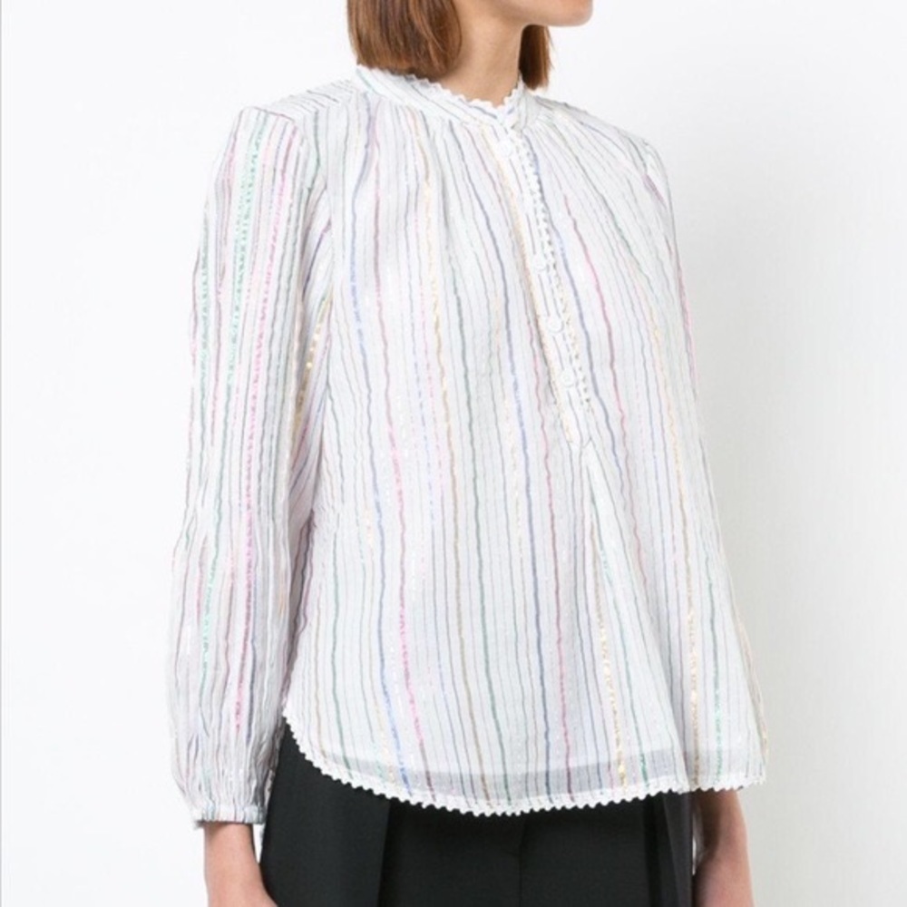 Apiece Apart Papyrus Ruffle Sleeve Blouse Metallic Stripe
